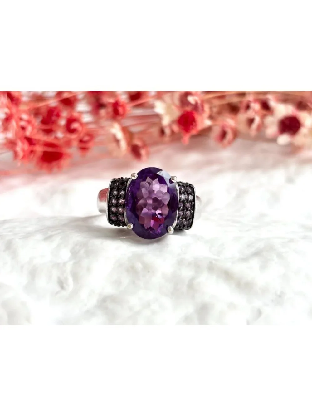 Multi Gemstone Amethyst Jumbo Sterling Silver 925 Vintage Ring - sz 8